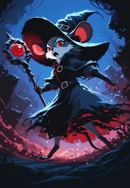 score_9, score_8_up, score_8, solo, (fluffy:0.8), (feral), furry, (((mouse))), female, claws, (fluffy cheeks:0.7), (black dress), grey fur, black ears, red eyes, look at viewer, (solo), j_cartoon, aesthetic, dramatic angle, unique perspective, unique angle, dynamic pose, action pose, night, dark, swamp, (witch hat), (hold magical staff:1.5), (evil expression), monochromemuse, monochrome, greyscale, j_cartoon, (open mouth), look at viewer, arkane_dark, magic, InkBlast
