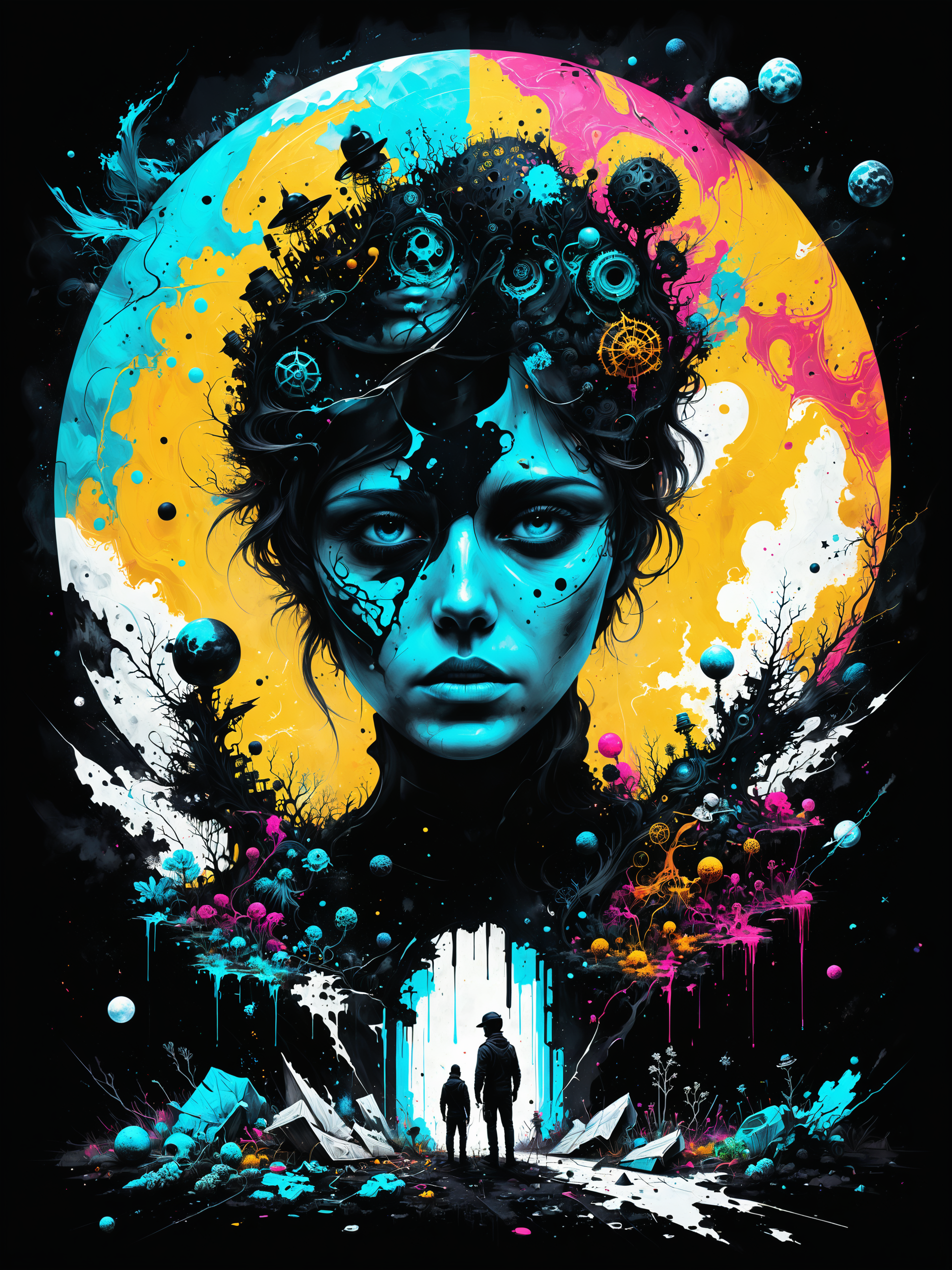 digital illustration of Space archaeologist uncovering ancient artifacts, Deranged, decaying mental asylum with haunting whispers in the background,,, fracolor minimalistic graffiti masterpiece, minimalism, 3d abstract render overlayed, black background, psychedelic therapy, trending on ArtStation, ink splatters, pen lines, incredible detail, creative, positive energy, happy, unique, negative space, face, artgerm   <lora:Misty_Vintage:0.5> <lora:xl_more_art-full_v1:0.5> <lora:fracolor:0.7>
