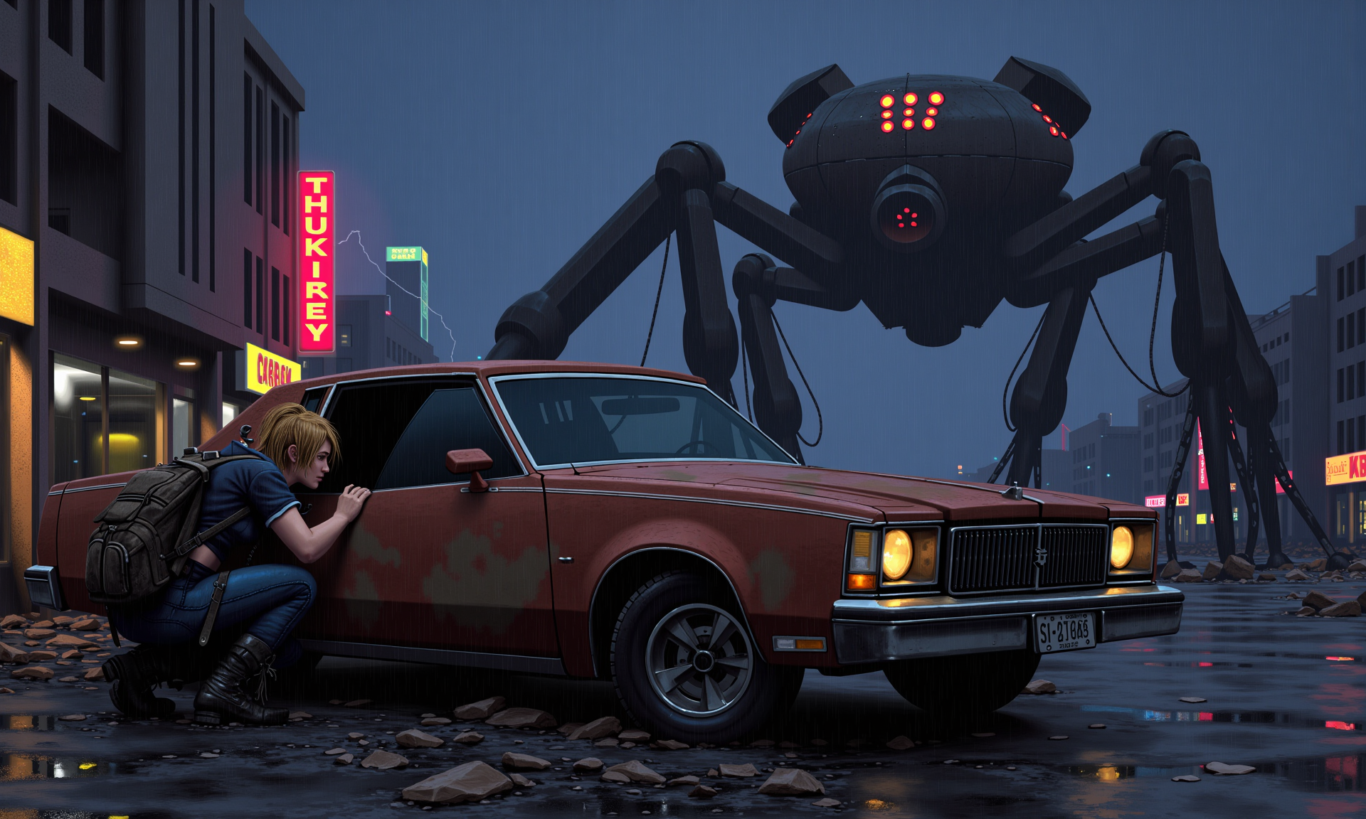 Simonstalenhagstyle, a war-torn, post-apocalyptic cityscape at night, shattered skyscrapers towering over desolate streets littered with broken vehicles and debris; torrential rain pours heavily, creating rivulets along the cracked asphalt and reflecting the glow of neon signs flickering with failing power; in the distance, a massive, nightmarish robotic behemoth looms over the ruins, its design eerily insectoidâspindly, jointed legs clicking against the wet pavement as it moves with an unnatural grace; its skeletal exoskeleton, composed of interlocking plates of black metal, glistens under the relentless downpour, rainwater sluicing down its razor-sharp appendages; multiple glowing red eyes, arranged in an alien, asymmetrical pattern, pulse menacingly as it scans the darkness, its piercing spotlights slicing through the mist, casting long, distorted shadows across the rubble; its claw-like limbs twitch sporadically, mechanical servos whirring with unsettling precision as it methodically searches for survivors; in the foreground, a young woman with soaked blonde hair crouches low behind the rusted frame of an abandoned car, her back pressed against the cold, rain-slicked metal as she steadies her breath; droplets run down the hood of the vehicle, pooling on the shattered windshield as faint reflections of the robotic hunterâs glowing red eyes flicker across the wet glass; she wears a dark, rain-drenched poncho, its tattered edges clinging to her arms as she grips the corner of the car, preparing to peek around it; her large, weathered backpack is strapped tightly to her shoulders, its straps worn from years of survival, while her mud-streaked jeans and heavy high-top boots sink slightly into the rain-drenched pavement; the cold night air is thick with tension, the relentless hum of the mechanical predator mingling with the ceaseless downpour, as she remains frozen in place, trapped in a deadly game of hide-and-seek with the nightmarish cybernetic terror; distant lightning flashes across the sky, momentarily illuminating the gleaming black exoskeleton of the machine, its piercing gaze scanning the ruins with merciless precision, as she braces herself for the moment she must moveâor risk being caught in its sights<lora:Simon_StÃ¥lenhag_Flux.safetensors:1.0:1.0>