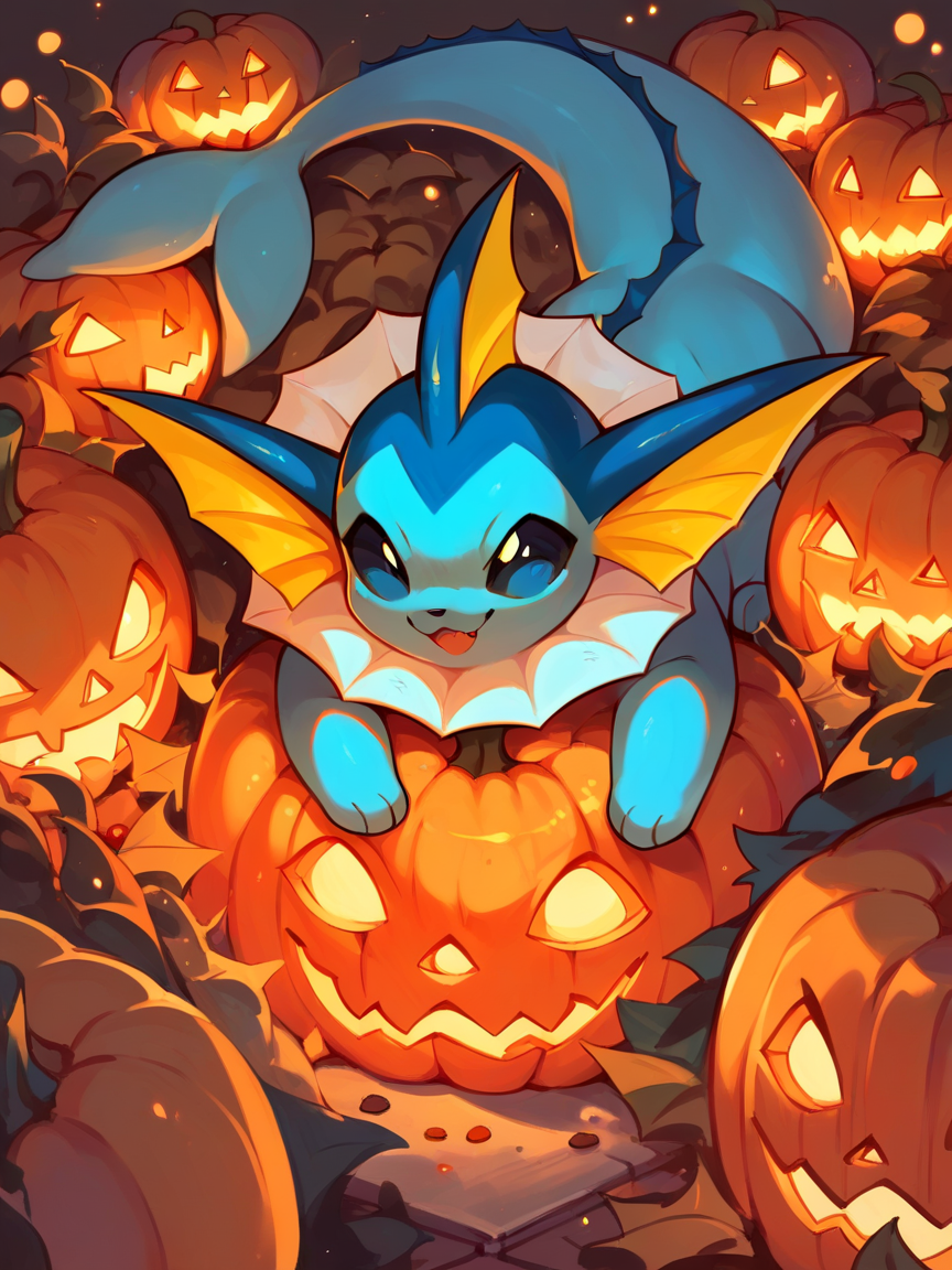 score_9, score_8_up, score_7_up, score_6_up, score_5_up,   <lora:halloweenpokemonXLP:1> halloween pokemon, no humans, jack-o'-lantern, (vaporeon:1), candy,