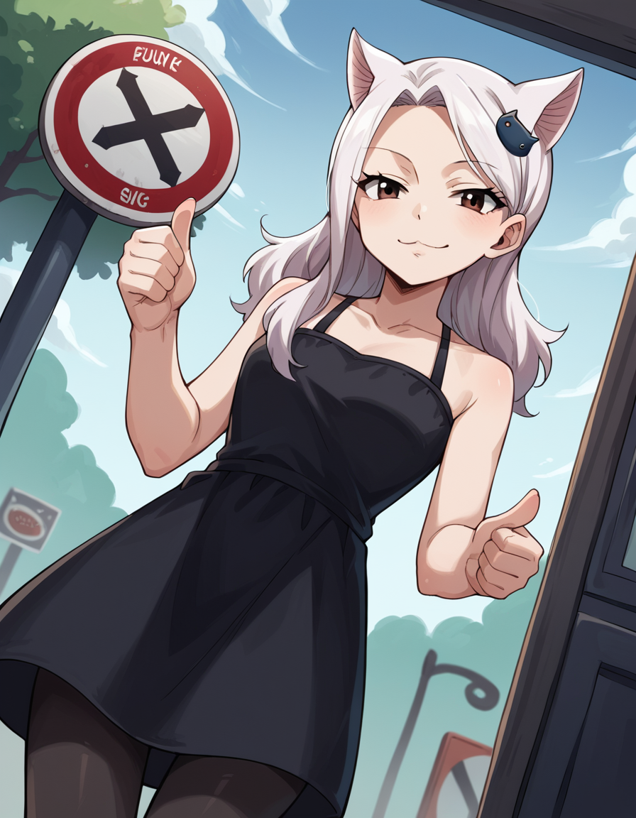 score_9, score_8_up, score_7_up, source_anime, <lora:fairytail-carla-anime-ponyxl-lora-nochekaiser:1>, fairy tail carla, long hair, hair ornament, animal ears, brown eyes, white hair, cat ears,, dress, pantyhose, black dress, black pantyhose, frills, bare shoulders, collarbone,, bus stop, waiting, commuter, smartphone, checking time, cold morning, smile, looking at viewer, hand showing a thumbs up, solo,, cowboy shot, dutch angle