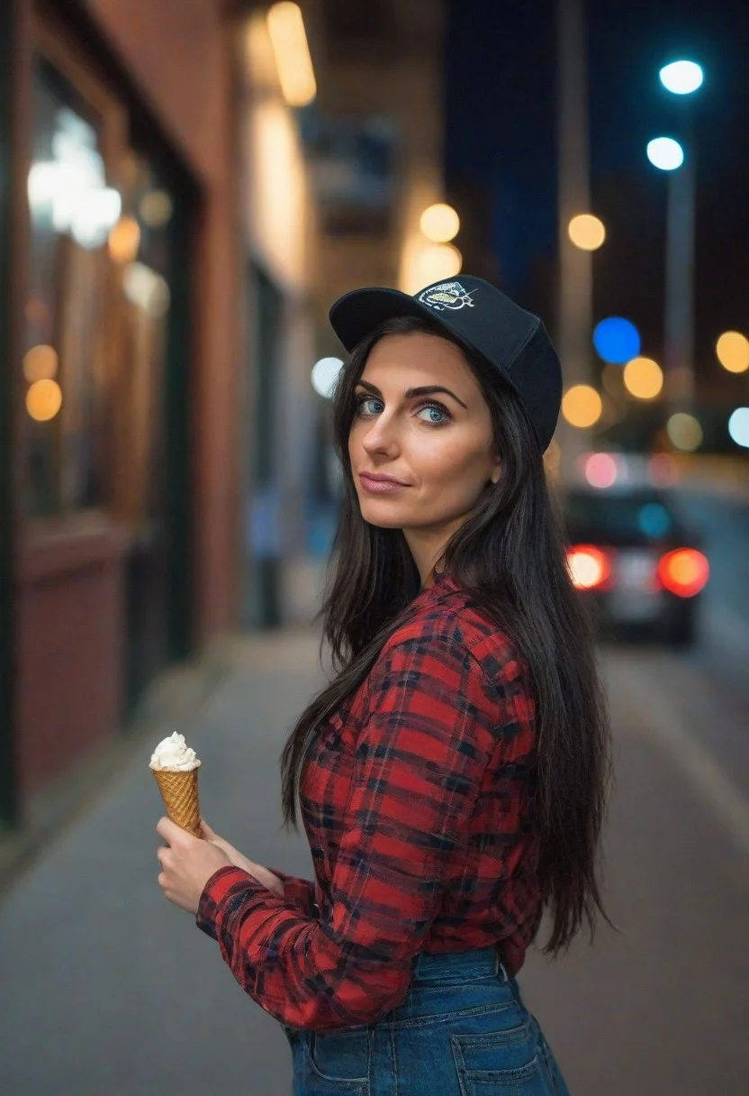 A 30yo woman eating a cone icecream. blue eyes. perfecteyes
Wearing Jeans and Plaid red shirt with a hat/cap red.
Long dark black slick back hair. No makeup.
Night time, Street light.
Looking at camera POV.
Medium Close Up shot.
Bokeh. Bokeh light.
Blurred background.