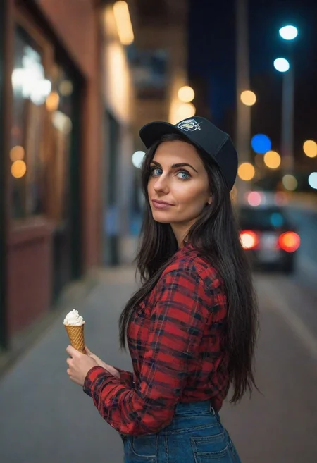 A 30yo woman eating a cone icecream.  blue eyes. perfecteyes
Wearing Jeans and Plaid red shirt with a hat/cap red. 
Long dark black slick back hair. No makeup.
Night time, Street light. 
Looking at camera POV. 
Medium Close Up shot.
Bokeh. Bokeh light.  
Blurred background.