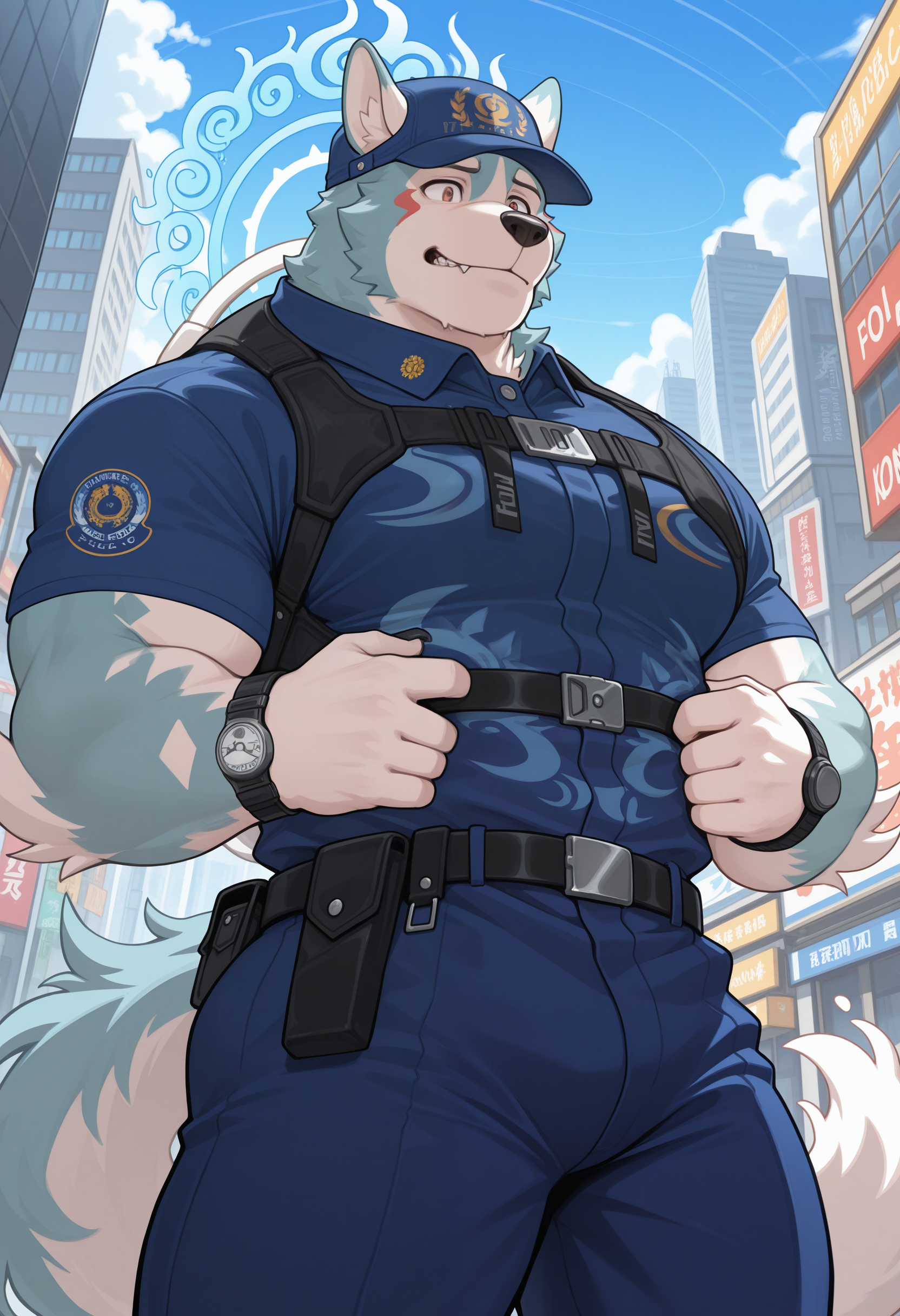masterpiece,best quality, amazing quality, 1boy, solo, 0guch1, furry male, blue collared shirt, blue pants, chest harness, tail, chest harness, black belt, police hat, wrist watch, halo behind head, city, 