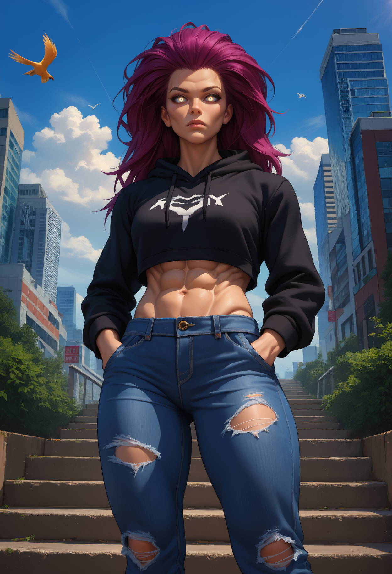 score_9, score_8_up,score_7_up, source_anime, 1girl, solo, <lora:Drksdfry_pdxl_EliPot_v2:1>  drksdfry, long hair, glowing eyes, white eyes, no pupils, purple hair, toned, muscular, muscular female,
black hoodie, cropped hoodie, denim jeans, torn jeans, looking at viewer, looking down, toned, abs, hands in pocket,outdoors, city, stairs, shrub, trees, birds, blue sky, clouds, sun, detailed background,
