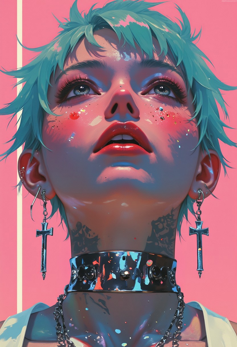 (hyper-realistic, ultra-detailed, glossy and oily skin, masterpiece:1.3, sparkling chrome, iridescent texture, light effects, photorealism:1.4) A futuristic young woman exudes an edgy, cyberpunk aesthetic, her highly glossy and oily skin reflecting the vibrant neon lights around her. Freckles dot her face, blending seamlessly with subtle iridescent textures that shimmer in the electric glow. She gazes upward with a wide, daring smile, revealing metallic teeth that glint in the neon light. Sleek mechanical components line her jawline and neck, seamlessly merging with her chrome-sparkling skin, giving her a hybrid, cybernetic appearance. Piercings dot her ears and lips, and silver chains drape from her face, accentuating her bold, alternative style. Her lips are stained with realistic blood, adding a raw, visceral edge to her expression. Large cross-shaped earrings dangle, catching the light as they sway, adding movement to the scene. Her tattooed neck transitions into a metallic, cyborg-like structure, where wires and circuits pulse beneath the surface. Bright teal hair, styled in sharp futuristic cuts, contrasts vividly with the neon-pink background, pulsing with electric energy. A subtle shadow covers half of her face, intensifying the mood. The glowing neon highlights, in combination with the intense contrast of teal and pink, create a high-tech, dystopian atmosphere alive with digital tension, perfectly embodying her rebellious and fearless attitude.