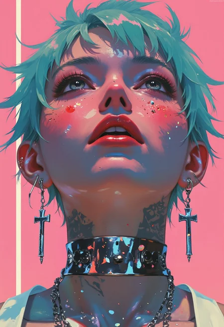 (hyper-realistic, ultra-detailed, glossy and oily skin, masterpiece:1.3, sparkling chrome, iridescent texture, light effects, photorealism:1.4) A futuristic young woman exudes an edgy, cyberpunk aesthetic, her highly glossy and oily skin reflecting the vibrant neon lights around her. Freckles dot her face, blending seamlessly with subtle iridescent textures that shimmer in the electric glow. She gazes upward with a wide, daring smile, revealing metallic teeth that glint in the neon light. Sleek mechanical components line her jawline and neck, seamlessly merging with her chrome-sparkling skin, giving her a hybrid, cybernetic appearance. Piercings dot her ears and lips, and silver chains drape from her face, accentuating her bold, alternative style. Her lips are stained with realistic blood, adding a raw, visceral edge to her expression. Large cross-shaped earrings dangle, catching the light as they sway, adding movement to the scene. Her tattooed neck transitions into a metallic, cyborg-like structure, where wires and circuits pulse beneath the surface. Bright teal hair, styled in sharp futuristic cuts, contrasts vividly with the neon-pink background, pulsing with electric energy. A subtle shadow covers half of her face, intensifying the mood. The glowing neon highlights, in combination with the intense contrast of teal and pink, create a high-tech, dystopian atmosphere alive with digital tension, perfectly embodying her rebellious and fearless attitude.