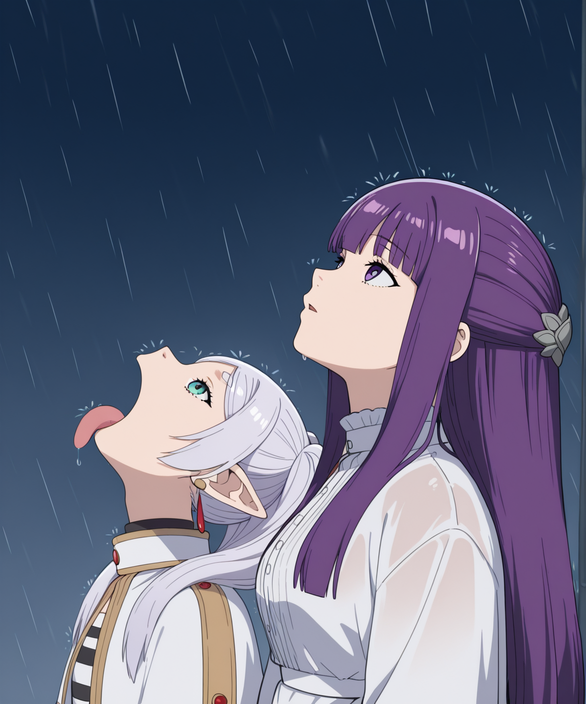 goku_and_vegeta_in_the_rain_(meme), Sousou no Frieren, tongue out, rain, open mouth, rain, looking up, (tongue out:0.5), fern, frieren, 2girls, masterpiece, best quality, absurdres, amazing quality,