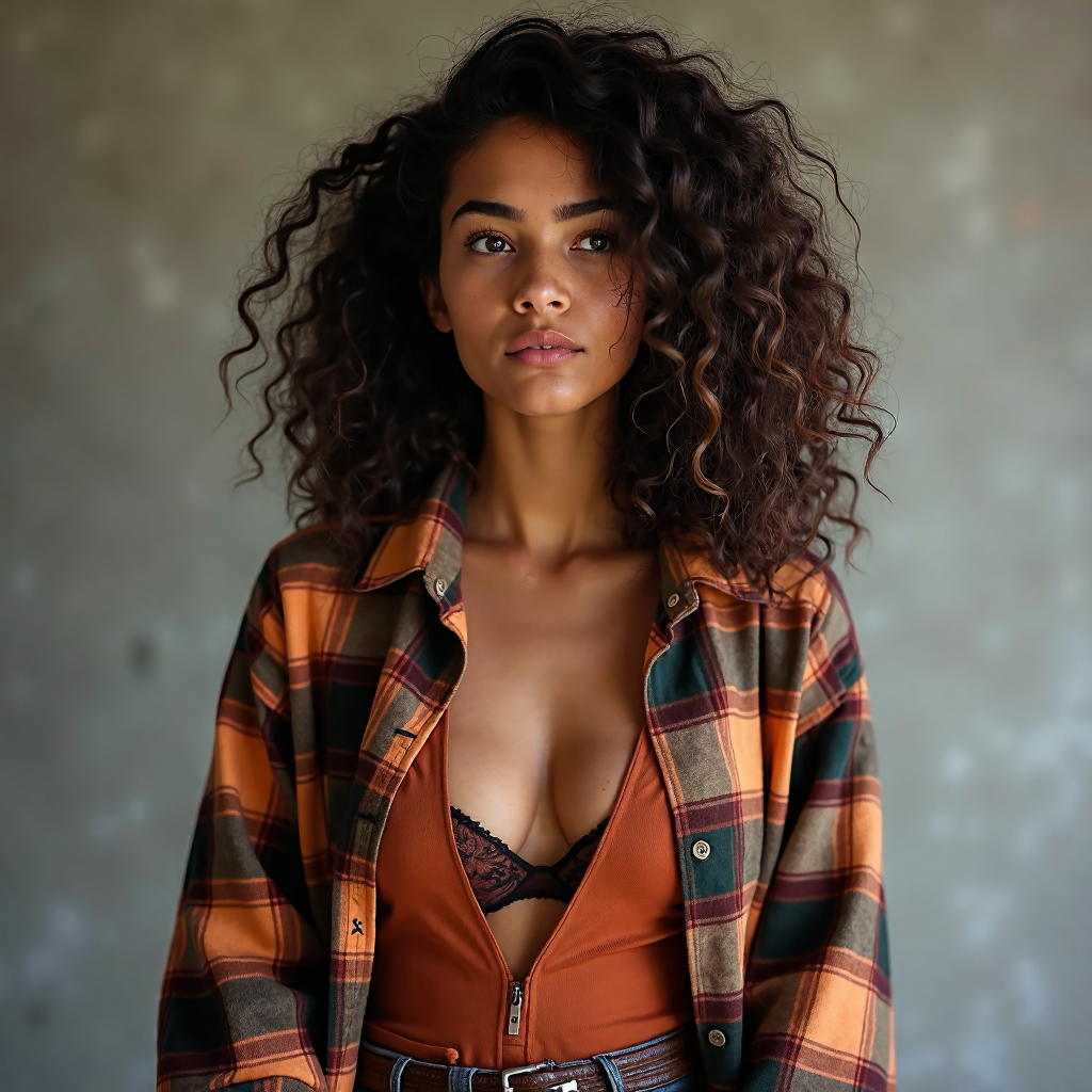 <lora:Insta_choc_1.3:1>this photograph features a young woman with a medium-dark skin tone and curly, voluminous hair styled in loose, natural waves. She has a contemplative, slightly serious expression on her face, with her gaze directed off-camera. She is dressed in a casual, eclectic outfit consisting of a loose, unbuttoned plaid shirt in shades of orange, brown, and green. Underneath the shirt, she wears a deep orange top with a V-neck that reveals a hint of a dark bralette beneath. The top has a slightly distressed, textured appearance.