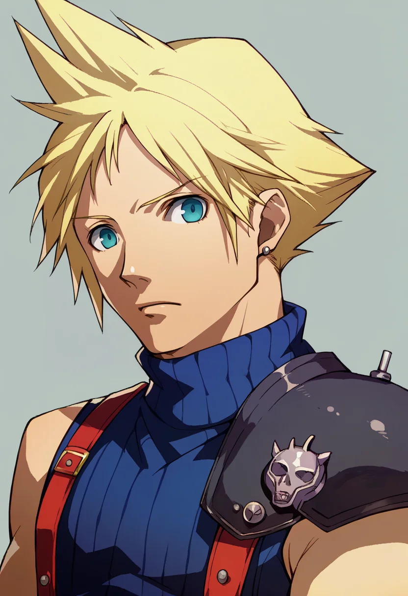 score_9, score_8_up, score_7_up, source_anime, BREAK, solo, 1boy, looking at viewer, <lora:P4-Portraits-pdxl_Fp:1>, simple background, portrait, <lora:cloudstrife-pdxl-nvwls-v1:1>, defCloud, blonde hair, single earring, suspenders, shoulder armor, sleeveless turtleneck, male focus,