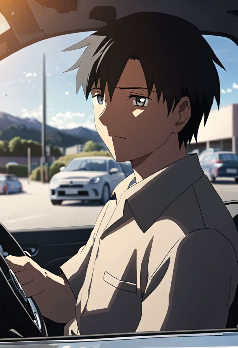 Highres, Masterpiece, High Quality, 4K, 8K, solo, 1Boy, Takaki Toono, adult, black hair, short hair, driving a car, in a car, parking lot, concentration, serious, focused, tired, cheerful, sunny weather, easynegative, detailed_eye_model