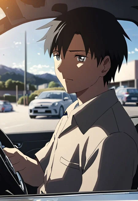 Highres, Masterpiece, High Quality, 4K, 8K, solo, 1Boy, Takaki Toono, adult, black hair, short hair, driving a car, in a car, parking lot, concentration, serious, focused, tired, cheerful, sunny weather, easynegative, detailed_eye_model