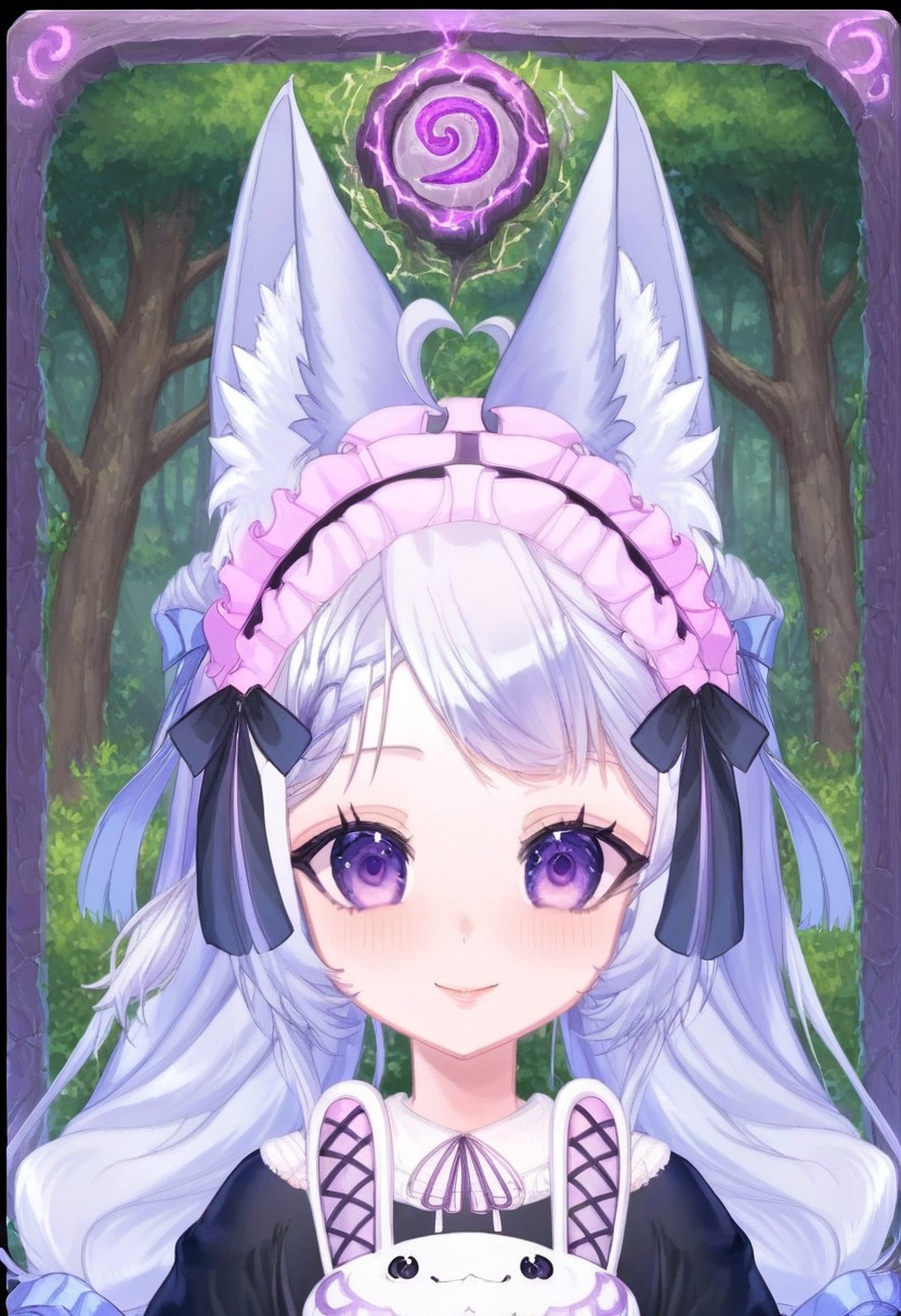 score_9,score_8_up,score_7_up, source_anime,
hyper-detailed, masterpiece, best quality,
(simfonira, source_reference),source_screen_good, model_type_fox,ears_fox, outfit_maid,maid, hair_tails,twintails, long hair, hair bow,  eyes_purple,purple eyes,
upper body,
looking at viewer,
portrait,
Card, Tarot, graphic border, Illustrative,
pink atmosphere, obsidian stone, skeuomorphic, detailed,
Smiling eyes,
forest background,
Lustful personality, 
Jewelry, Extravagant, Shoulderless,
glowneon, glowing, lightning