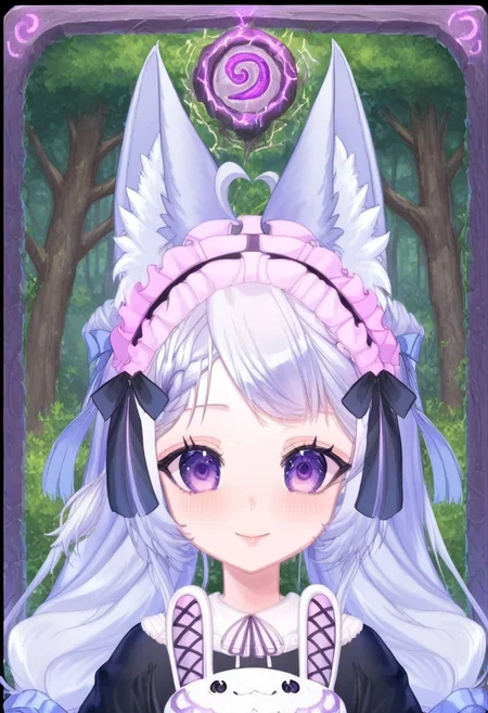 score_9,score_8_up,score_7_up, source_anime,
hyper-detailed, masterpiece, best quality,
(simfonira, source_reference),source_screen_good, model_type_fox,ears_fox, outfit_maid,maid, hair_tails,twintails, long hair, hair bow, eyes_purple,purple eyes,
upper body,
looking at viewer,
portrait,
Card, Tarot, graphic border, Illustrative,
pink atmosphere, obsidian stone, skeuomorphic, detailed,
Smiling eyes,
forest background,
Lustful personality,
Jewelry, Extravagant, Shoulderless,
glowneon, glowing, lightning