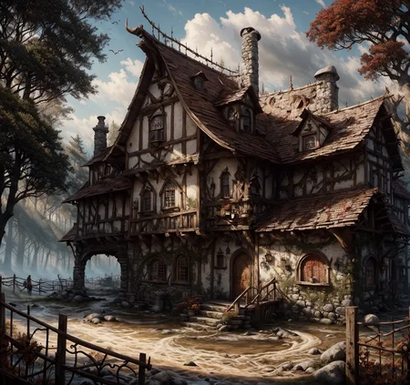 RAW photo, (masterpiece:1.3), subsurface scattering, heavy shadow, (high quality:1.4), (intricate, high detail:1.2), professional photography, HDR, High Dynamic Range, realistic, ultra realistic, photorealistic, high resolution, film photography, ambient lighting, atmospheric effects, <lora:detail_slider_v4:2>, OverallDetail, <lora:CrossroadsInn:1>,barrel, basket, bench, brick wall, broken window, bucket, building, candle, chimney, cloudy sky, cow, crossinn, fantasy, grass, hood, horseback riding, house, ladder, landscape, nature, no humans, outdoors, path, plant, red flower, road, ruins, scenery, shelf, sign, sky, smoke, soldier, stairs, stream, sunlight, tower, tree, village, vines, water, window, wooden fence, <lora:storybook_last:1.2>