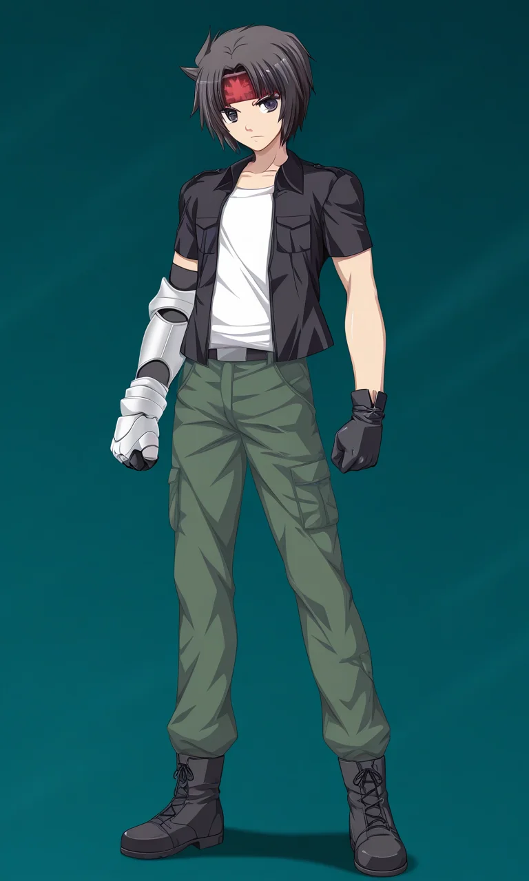 1boy, solo, ryuichiexaexsfa, black hair, short hair, parted bangs, black eyes, print headband, jacket, short sleeves, tanktop, single glove, single gauntlet, green pants, black ankle boots, standing, serious, green background, full body