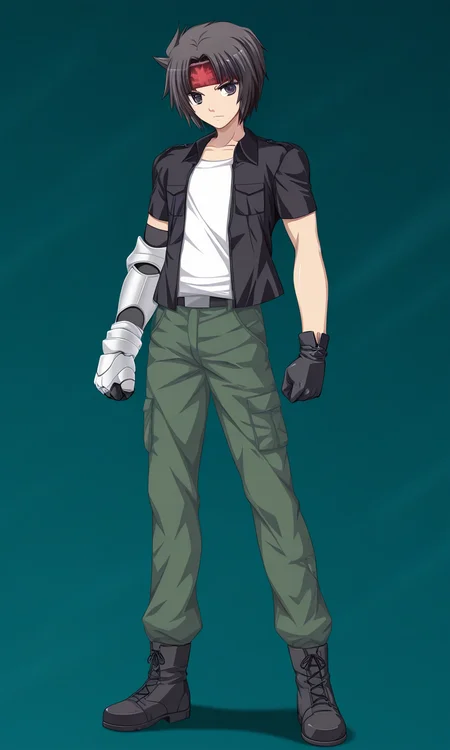 1boy, solo, ryuichiexaexsfa, black hair, short hair, parted bangs, black eyes, print headband, jacket, short sleeves, tanktop, single glove, single gauntlet, green pants, black ankle boots, standing, serious, green background, full body