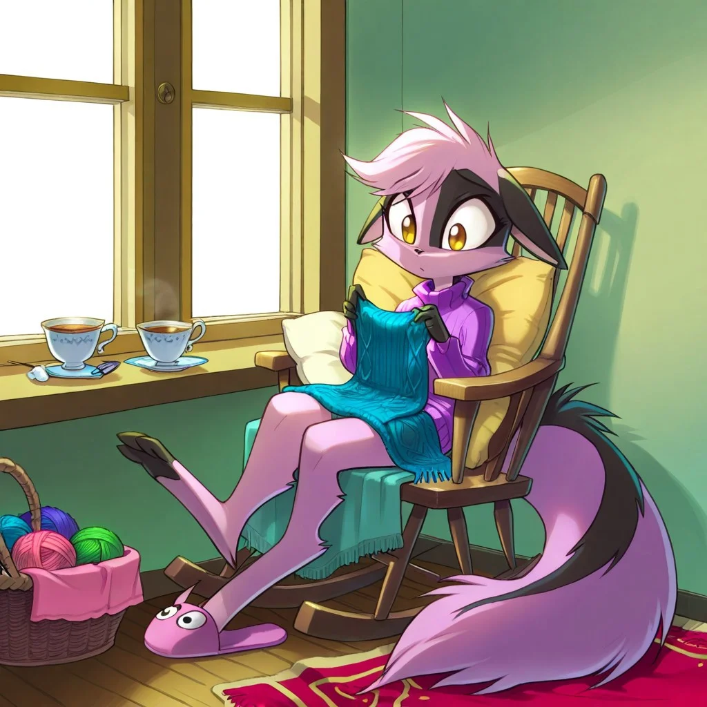 1girl,solo,furry,pink fur,tail,ears,source_furry,
,<lora:Viriathus_Vayu_illustrious:0.8>,
child, kid,
knitting_needles, yarn_ball, sweater, basket, rocking_chair, teacup, blanket, slippers, buttons, wool, window, pillow
Scene: A snug corner by a window with a rocking chair creaking softly, someone knitting a tiny sweater from fluffy wool, needles moving rhythmically. Yarn_ball tumble in a wicker basket, a teacup balances on the armrest, and a blanket drapes over their lap. Cute buttons shaped like stars wait to be sewn on, slippers peek out from under the chair, and a pillow props them up as sunlight streams in, warming the sweet, homey moment.
