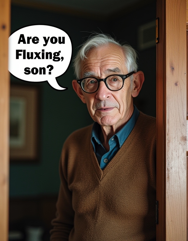 old man wearing glasses and sweater in doorframe with speech bubble "Are you Fluxing, son?" written in huge font size