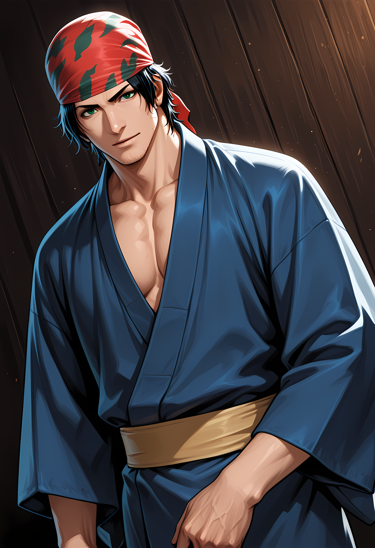 masterpiece, best quality, amazing quality, dutch angle, abstract background, BREAK
1boy, solo, male focus, kof_ralf, bandana, black hair, green eyes, stubble, yukata, japanese clothing, BREAK
<lora:cfg_scale_boost:.6>   <lora:Ralf_Jones_-_King_of_Fighters_-_ILXL:1>
