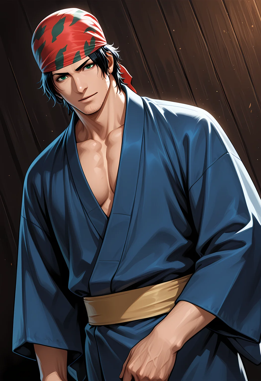 masterpiece, best quality, amazing quality, dutch angle, abstract background, BREAK
1boy, solo, male focus, kof_ralf, bandana, black hair, green eyes, stubble, yukata, japanese clothing, BREAK
<lora:cfg_scale_boost:.6> <lora:Ralf_Jones_-_King_of_Fighters_-_ILXL:1>