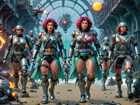 umbral fat mature woman 40yo, medium fat belly, multicolored short curly hair, wild hair, mane,,medium saggy tits , erected nipples covered by armor , muscle body , tattoo, cyber bodysuit armor covered nipples and whip, holding cyber gun on right hand, movie scene, rocks, ocean, <lora:cyberpunk:1>