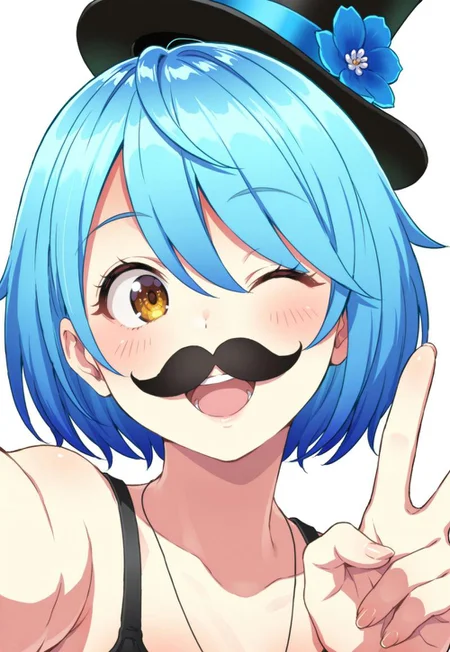 masterpiece, best quality, amazing quality, perfect composition, dynamic pose, smooth shading, raytracing, detailed, (sharp focus, clear image:1.2),


ManaRe, 1girl, solo, front view, upper body view, top hat, fake mustache, 1 girl, solo, (five fingers:1.2), open mouth, wink, snide, making selfie, flower hair ornament, bob cut, hair between eyes, gradient hair, blue hair, short hair, v-sign