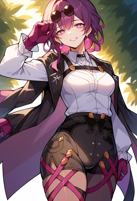 score_9, score_7_up, source_anime, solo, come hither, smile, cowboy shot, BREAK <lora:sphsrKafkaXLPony:1> kafkerdef, earrings, eyewear on head, sunglasses, white shirt, black jacket, long sleeves, purple gloves, shorts, pantyhose, thigh strap, black footwear