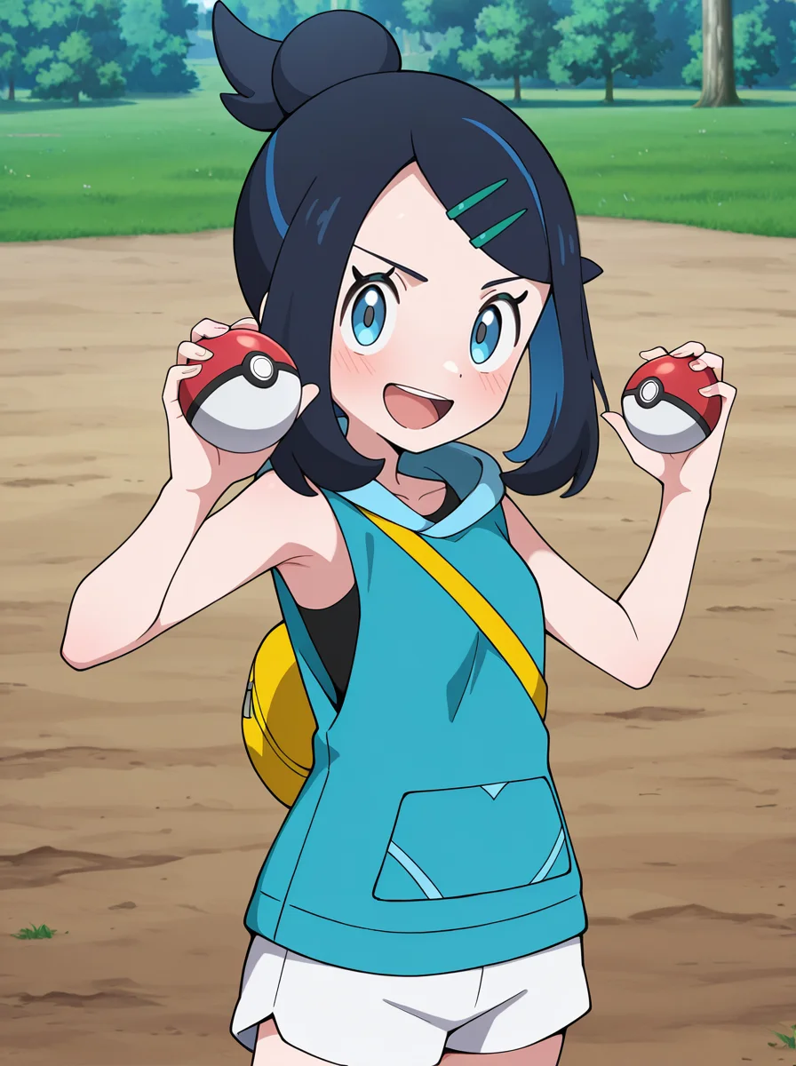 masterpiece, best quality, amazing quality, very aesthetic, absurdres, newest, anime screenshot, anime coloring , <lora:LikoMegaVoltage:1>likomega, 1girl, hair ornament, hairclip, solo, smile, shorts, black hair, white shorts, blue hair, blush, single hair bun holding poke ball, poke_ball open mouth, , upper body, looking at viewer,serious fighting stance,