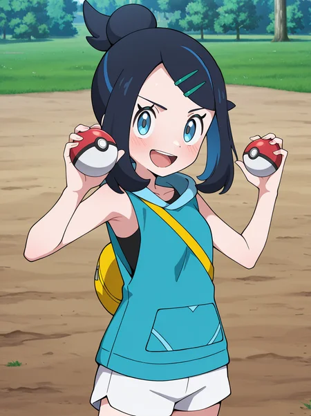 masterpiece, best quality, amazing quality, very aesthetic, absurdres, newest, anime screenshot, anime coloring , <lora:LikoMegaVoltage:1>likomega, 1girl, hair ornament, hairclip, solo, smile, shorts, black hair, white shorts, blue hair, blush, single hair bun holding poke ball, poke_ball open mouth, , upper body, looking at viewer,serious fighting stance,