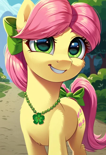 safe_pos, score_9, score_8_up, score_7_up, score_6_up, score_5_up, score_4_up, my little pony, ((feral pony)), yellow body, pink hair and tail, styled in a long ponytail with a green bow, tail decorated with a green bow, necklace with a pendant in the form of a green clover, on the side a small cluster of pink flowers.
green eyes, Posey Bloom 1girl, (solo), (sexy), beautiful, detailed, (detailed cute pony face), detailed eyes, detailed fur, detailed hooves, beautiful, vector, vibrant colors, outdoors, (looking at you, looking at viewer), smile, happy, cute, (close-up), (face focus), upper view