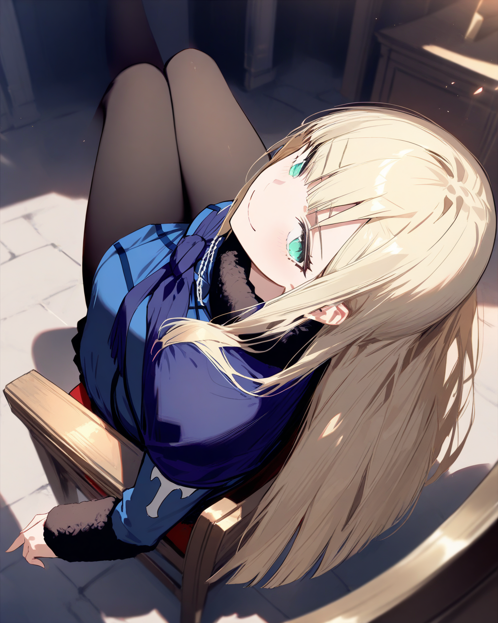 1girl,
ReinesElMelloiArchisorteFateGrandOrder,
sensitive, solo, dynamic angle, from behind, from above, upper body,
long hair, blonde hair, aqua eyes,
(leaning back), looking up, smile, 
fur collar, blue capelet,
blue jacket, breast,
long sleeves, fur-trimmed sleeves,
blue dress, sitting, chair, crossed legs, black pantyhose,
medieval, room, moodie light,
depth of field,
<lora:kp_ReinesElMelloiArchisorteFateGrandAnimagineXL_v1_0:1.0>,
masterpiece, high score, great score, absurdres