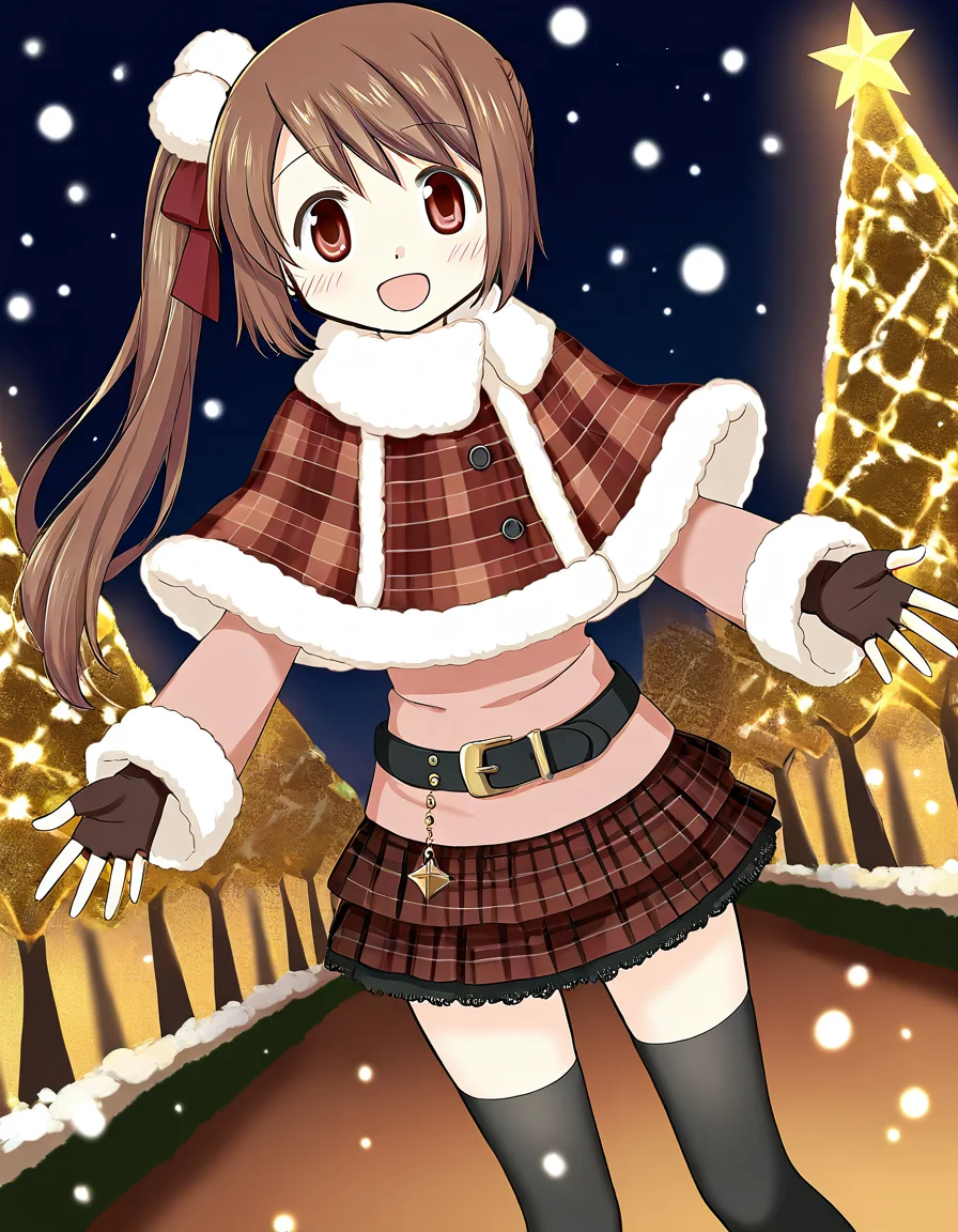 masterpiece, best quality, newest, absurdres, highres, safe, 1girl, yui tsuruno \(winter costume\), magia record: mahou shoujo madoka magica gaiden, belt, fingerless gloves, black thighhighs, solo, open mouth, snowing, outdoors, dutch angle, <lora:yui_tsuruno_noobaiXLNAIXL_vPred10Version:0.7>