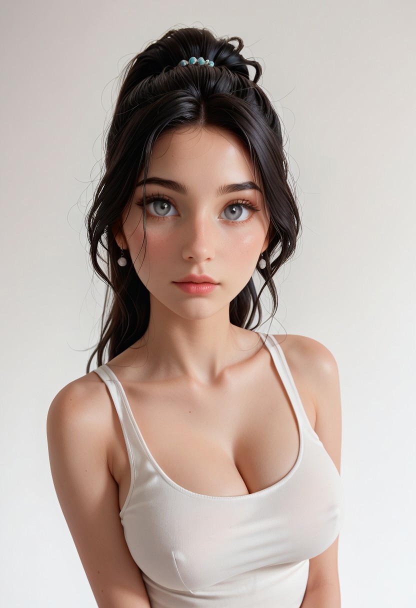 score_9, score_8_up, score_7_up, score_6_up, score_5_up, score_4_up, Jasmine, Expressiveh, real skin,, beautiful, high res image, detailed eyes, Beautiful eyes. Perfect pupils, high gradient eyes, high definition eyes, environmental lighting, perfect eyes, perfect hands, five finger, no extra hands and finger, black hair, high ponytail, grey eyes, vieny breast, big breasts, standing, white background, white tank top, empty background, framed head to cleavage, closeup, look straight