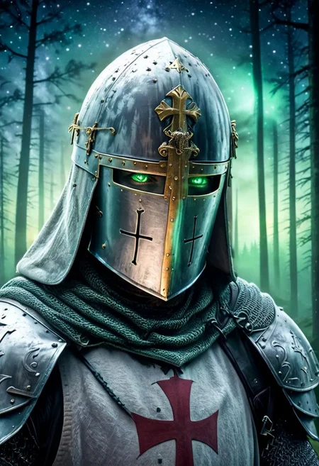 comic style, professional, 4k, highly detailed, ((masterpiece)), cinematic lighting, UHD, HDR, best quality, looking at viewer, 1 man, green eyes, masculine, medium shot, (((heavily inspired by high fantasy style art))), KNIGHT CRUSADER, HELMET, GREAT HELM WITH A CROSS, high fantasy northern forest background, night time, magical atmosphere, starry sky,