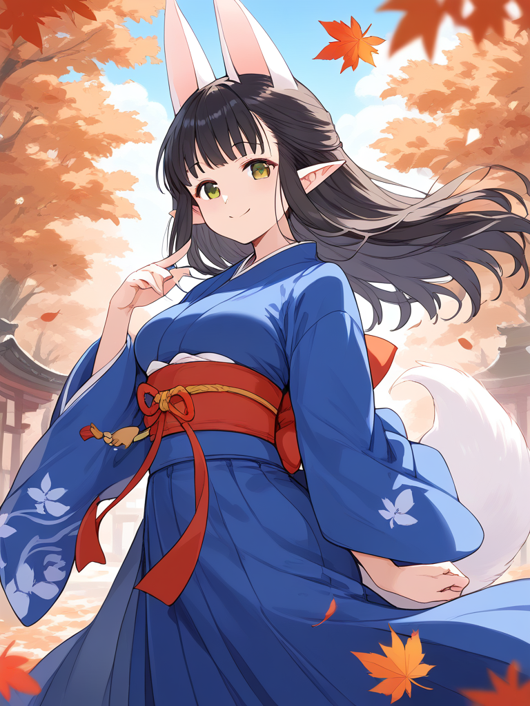 score_9, score_8_up, score_7_up, source_anime, rating_explicit, BREAK  <lora:Hasaha_XL:1> Hasaha, animal ears, black hair, brown eyes, pointy ears, long hair, white tail, breasts,
japanese clothes, blue kimono, blue long skirt, sash, obi, fallen leaves, autumn, day, 
smile,  looking at viewer, cowboy_Shot,