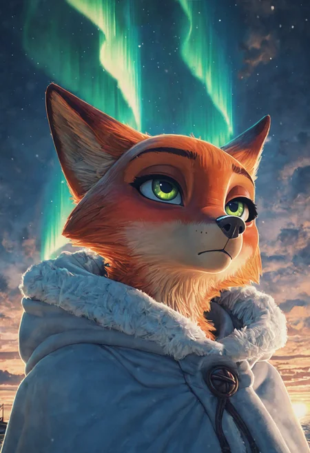 anthro, solo, furry female, nick wilde, green eyes, orange fur,winter clothes,cloak,
half-body portrait,
arch dam, morning, tornado,aurora,watercraft, (masterpiece), best quality, newest, highres, absurdres,pixelsketcher