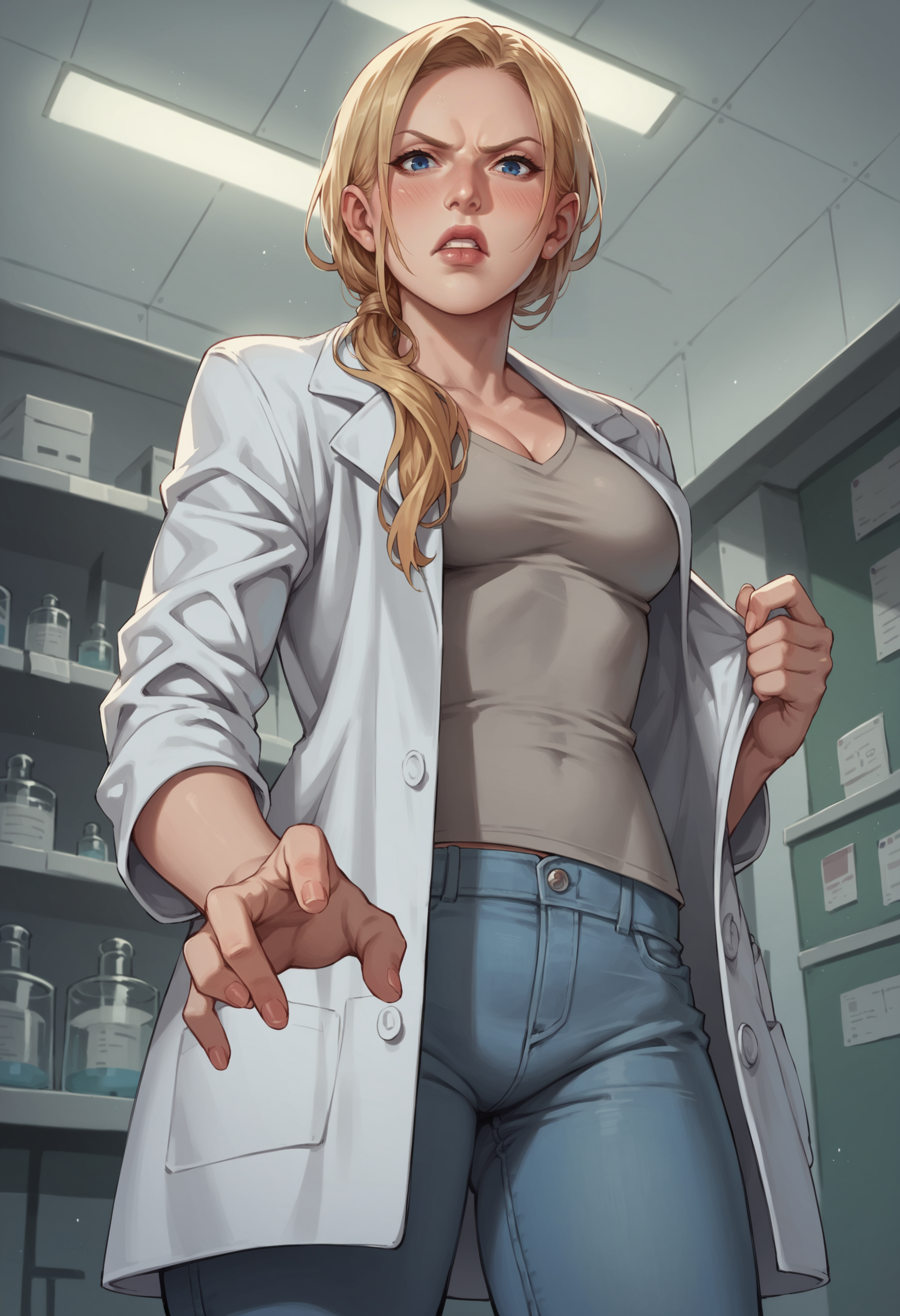 score_9, score_8_up, score_8, source_anime, 1girl, <lora:AnnetteBirkin:0.7> solo, medium breasts, long hair, hair over shoulder, blonde hair, blue eyes, lips, labcoat, open clothes, jeans, blush, angry, looking at viewer, standing, view from below,
laboratory background,