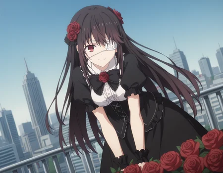 score_9, score_8_up, score_7_up, source_anime,
kurumitokisaki, <lora:kurumi-tokisaki-s4s5-ponyxl-lora-nochekaiser:1>,
kurumi tokisaki, black hair, red eyes, long hair,
bangs, hair ornament, dress, flower, short sleeves, frills, hair flower, black dress, rose, eyepatch, red flower, red rose, medical eyepatch, frilled dress, puffy sleeves,
outdoors, cityscape, bent over, smile,
looking at viewer, solo, cowboy shot, dutch angle,
