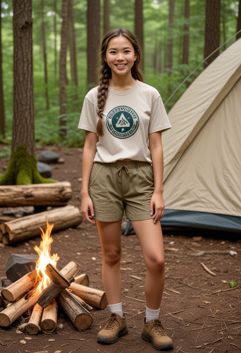 (medium full shot) of (spirited scout) young woman, korean, light skin, brown eyes, normal build, extra long brown single braid hair, wearing scout t-shirt, khaki shorts, waterproof shoes, scout badge, set in  remote campground with no amenities, just clearings for tents and a makeshift fire pit, surrounded by dense forest, the sound of nature all around, scouts gathering firewood and preparing for the night, smiling, Masterpiece,best quality, photo, realistic, very aesthetic, detailed face,