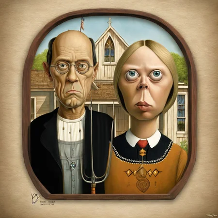 American Gothic Caricaturized <lora:SDXL-Caricaturized-Lora:1>, Very detailed, clean, high quality, sharp image, Naoto Hattori, Dave Dorman