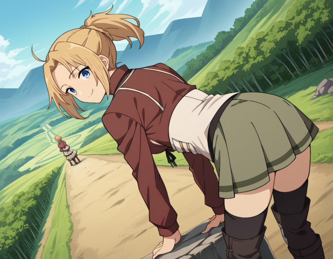score_9, score_8_up, score_7_up, source_anime,
zenithgreyrat, <lora:zenith-greyrat-s1-ponyxl-lora-nochekaiser:1>,
zenith greyrat, short hair, blonde hair, blue eyes, ponytail, ahoge,
skirt, shirt, thighhighs, long sleeves, ribbon, boots, black thighhighs, thigh boots, brown shirt,
outdoors, landscape, farm, bent over, smile,
looking at viewer, dutch angle, cowboy shot,