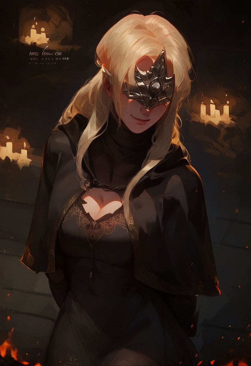 Score_9_up, score_8_up, score_7_up, 1girl, solo, firekeeper, mask, blonde hair, black dress, cleavage, big boobs, capelet, hands behind back, looking at viewer, smiling Expressiveh