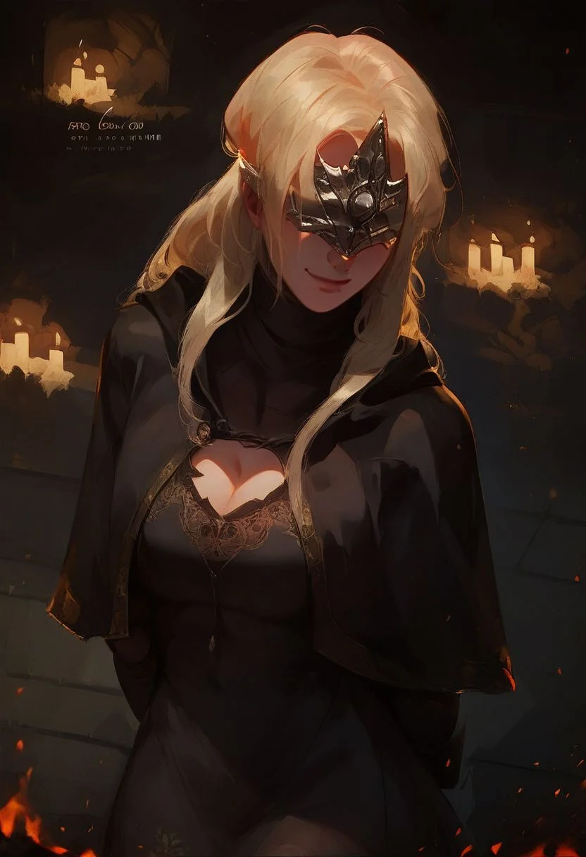 Score_9_up, score_8_up, score_7_up, 1girl, solo, firekeeper, mask, blonde hair, black dress, cleavage, big boobs, capelet, hands behind back, looking at viewer, smiling Expressiveh