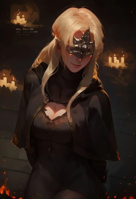 Score_9_up, score_8_up, score_7_up, 1girl, solo, firekeeper, mask, blonde hair, black dress, cleavage, big boobs, capelet, hands behind back, looking at viewer, smiling Expressiveh