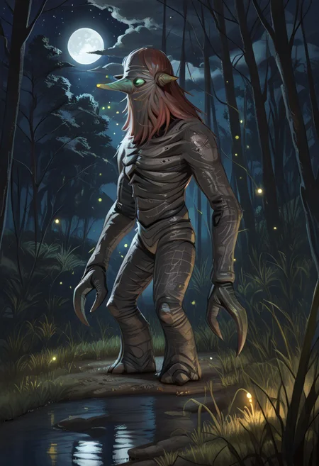 masterpiece,best quality,amazing quality,very aesthetic,absurdres,newest, huge filesize, absurd res,
pascaH, no face, monster, grey skin, wrinkly body, horns, full body, side view, claws, forest, nighttime, stars, moon, trees, clouds, grass, fireflies, beautiful, glowing, scenery, spooky, woman with green eyes and red hair caught by creature,