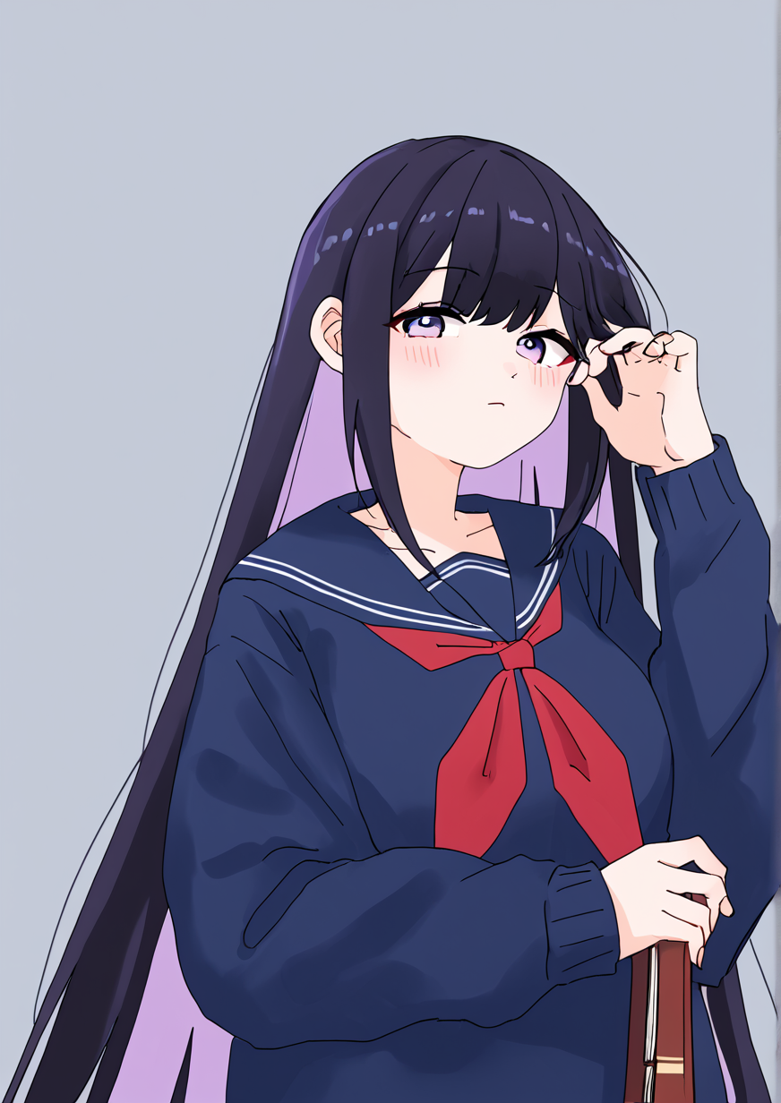 1girl, huge breast, black hair, blue sailor collar, blue serafuku, blue shirt, blush, book, closed mouth, covered collarbone, fingernails, hand in own hair, hand up, hugging object, long hair, long sleeves, looking at viewer, multicolored hair, neckerchief, purple eyes, purple hair, red neckerchief, sailor collar, school uniform, serafuku, shirt, solo, two-tone hair, upper body, very long hair,  zPDXL3,handfixer <lora:bobok:0.8> <lora:HandFixer_pdxl_Incrs_v1:1>