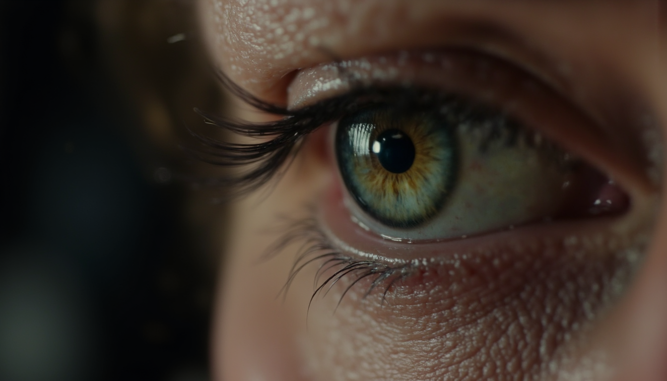 cinematic, A close-up of an eye with an image reflected on the surface of the pupil, showing long eyelashes and fine skin texture. The reflection suggests the person is looking at a screen or text, creating a focused and introspective mood, film grain, Short telephoto focal length, shot on ALEXA 65