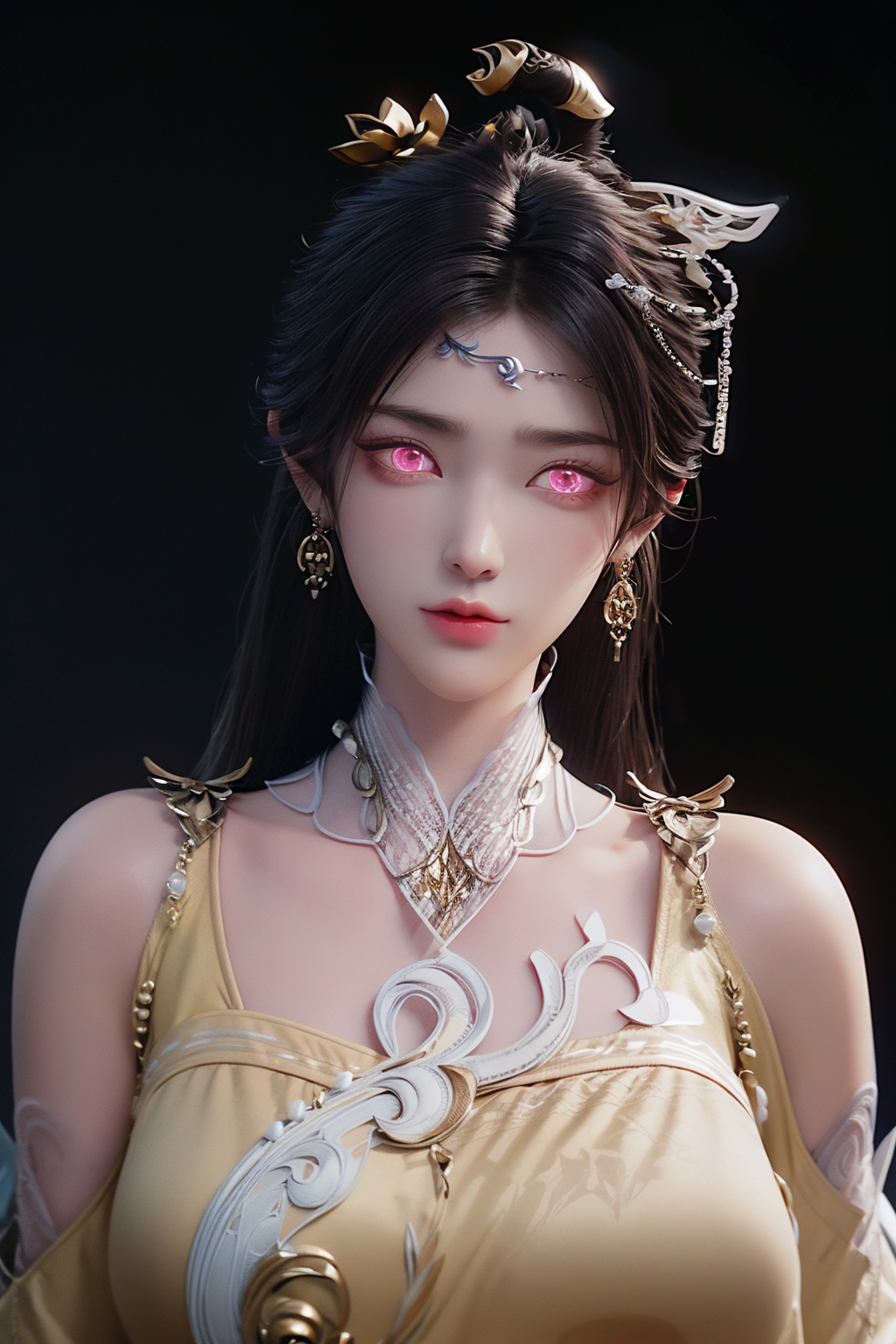 breathtaking <lora:jinpinger:1>,jinpinger,1girl,hair ornament,jewelry,earrings,solo,black hair,forehead mark,facial mark,long hair,looking at viewer,dress,yellow dress,closed mouth,upper body,(simple background:1.7),bare shoulders,beads,(black background:1.6),
charm,(pink eyes:1.4),((glowing)),(glowing eyes:1.4),<lora:Add More Detailsç»èè°æ´:0.2>,, best quality , masterpiece, illustration, an extremely delicate and beautiful, extremely detailed ,CG,unity,8k wallpaper, Amazing, finely detail, masterpiece, best quality,official art,extremely detailed CG unity 8k wallpaper,absurdres, incredibly absurdres, huge filesize , ultra-detailed, highres, extremely detailed,beautiful detailed girl, extremely detailed eyes and face, beautiful detailed eyes,light on face, . award-winning, professional, highly detailed