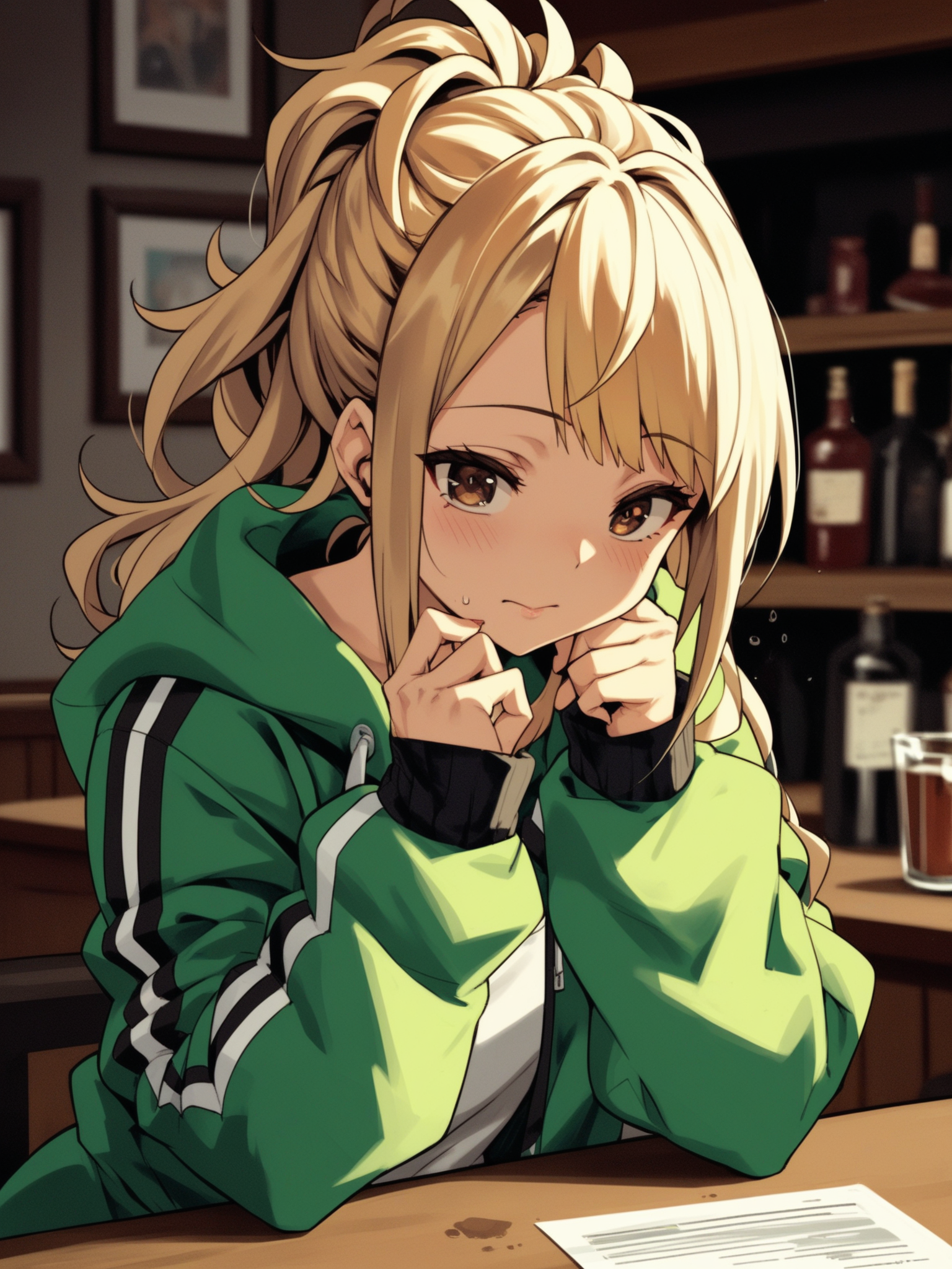 <lora:happy_tentacle-mao-v0.2-000036:1>, ht_mao, blonde hair, brown eyes, jacket, hoodie, vertical-striped thighhighs, indoor , 1girl, solo, upper body , , ((drunk:0.8) :1.1), , looking down , standing , facing viewer , score_9, score_8_up, score_7_up, score_6_up, score_5_up, score_4_up